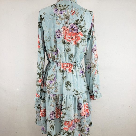Nanette Lepore Aqua Floral LS Tie Neck Aqua Tiered Dress, 8 - Picture 4 of 12